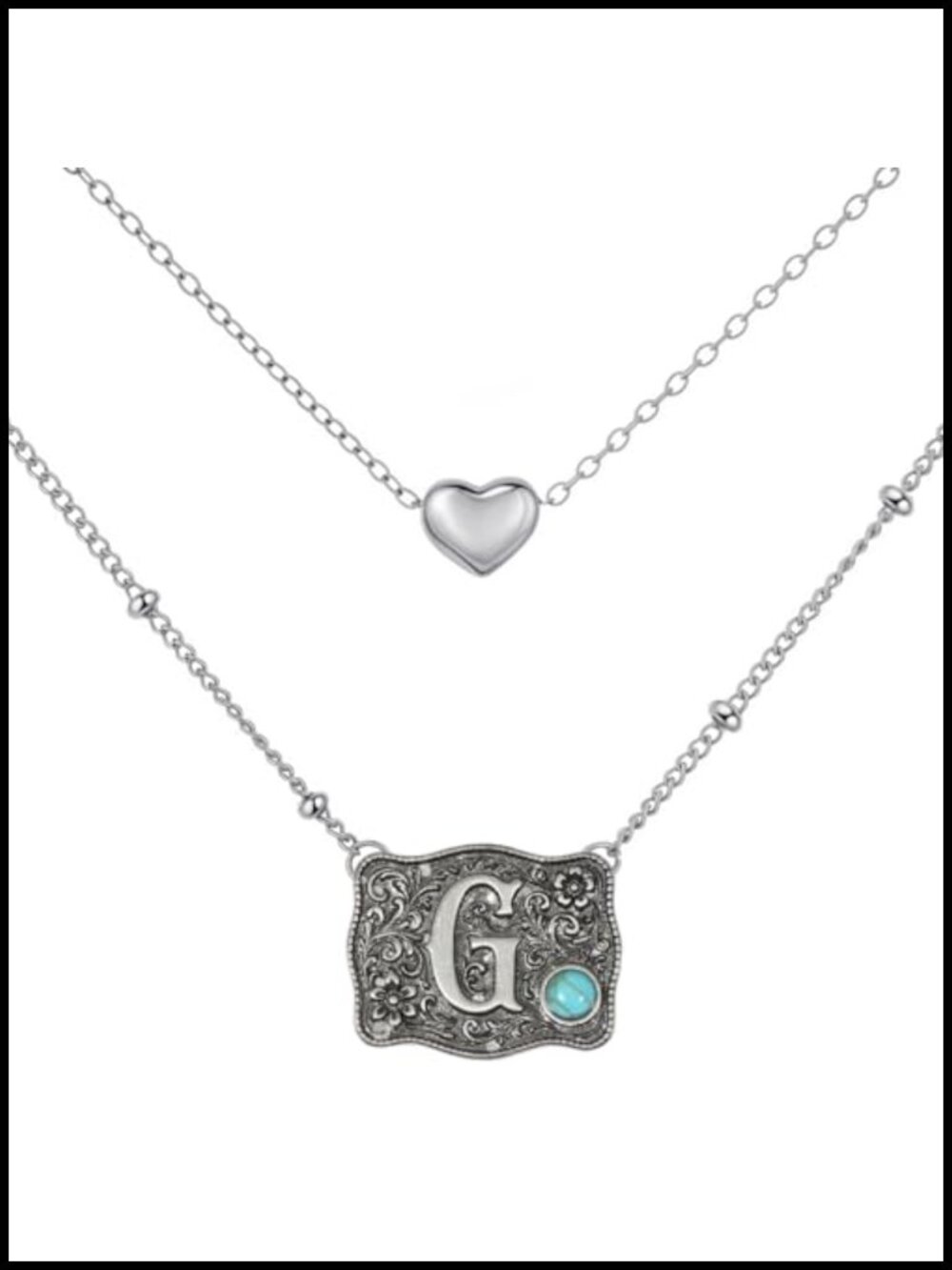 Vintage Style Belt Buckle Initial Letter Pendant Necklace Silver Tone Western